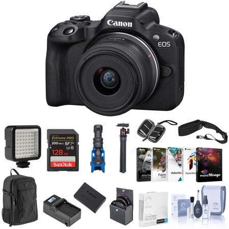 Canon EOS R50 Mirrorless Camera, Black with RF-S 18-45mm f/4.5-6.3 IS STM Lens, Corel PC Software Kit, 128GB SD Card, Backpack, Extra Battery, Charger, Tripod, Mic, and Accessories