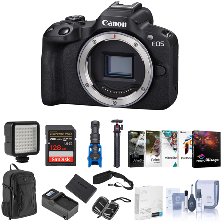 Canon EOS R50 Mirrorless Camera, Black Bundle with Corel PC Software Kit, 128GB SD Card, Backpack, Extra Battery, Charger, Tripod, Mic, Screen Protector, LED Light, and Accessories