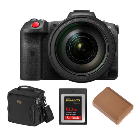 Canon EOS R5 C Mirrorless Cinema Camera with RF 24-70mm f/2.8 Lens, Bundle with 512GB CFexpress Type-B Memory Card, LP-E6NH Battery and Shoulder Bag