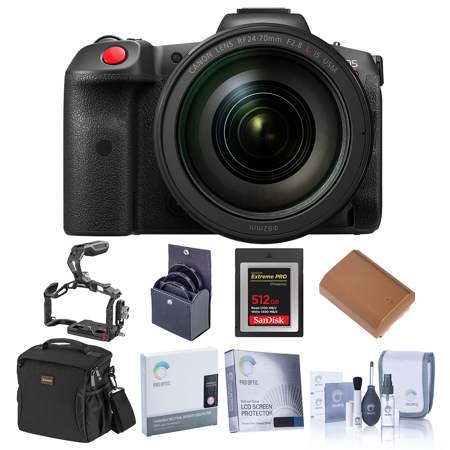 Canon EOS R5 C Mirrorless Cinema Camera with RF 24-70mm f/2.8 Lens, Bundle with 512GB Type-B Memory Card, Black Mamba Full Camera Cage Kit, Extra Battery and 82mm Filter Kit