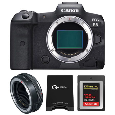 Canon EOS R5 Mirrorless Camera with Control Ring Mount Adapter, Bundle with 128GB CFexpress Type-B Memory Card and Card Reader