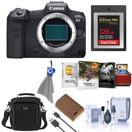 Canon EOS R5 Mirrorless Camera, Bundle with 128GB Memory Card, Shoulder Bag, LP-E6NH Battery, Smart Charger, Smart Charger Plate, PC and Mac Software Kit