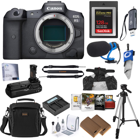 Canon EOS R5 Mirrorless Camera, Bundle with 128GB Memory Card, Shoulder Bag, Battery Grip, 2x LP-E6NH Battery, Smart Charger, 2x Charger Plate, Tripod, Sling Strap, PC and Mac Software Kit