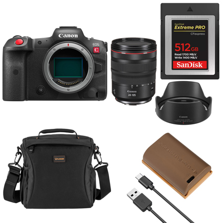 Canon EOS R5 C Mirrorless Digital Cinema Camera with RF 24-105mm f/4 L IS USM Lens, Bundle with Extreme PRO 512GB CFexpress Type-B Card, Alpine 160 Shoulder Bag, LP-E6NH 17.3Wh Li-Ion Battery Pack with USB-C Port