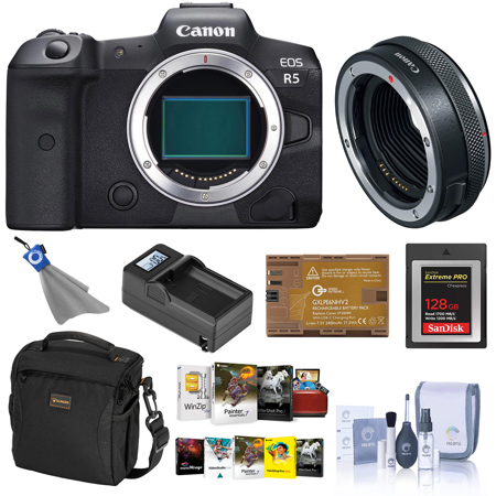 Canon EOS R5 Mirrorless Camera with Control Ring Mount Adapter, Bundle with 128GB Memory Card, Extra Battery with Charger, PC and Mac Software Kit and Shoulder Bag