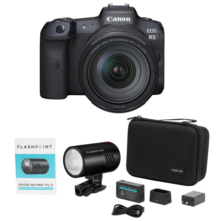 Canon EOS R5 Mirrorless Camera with RF 24-105mm f/4 L IS USM Lens, Bundle with XPLOR 100 Pro TTL R2 Monolight