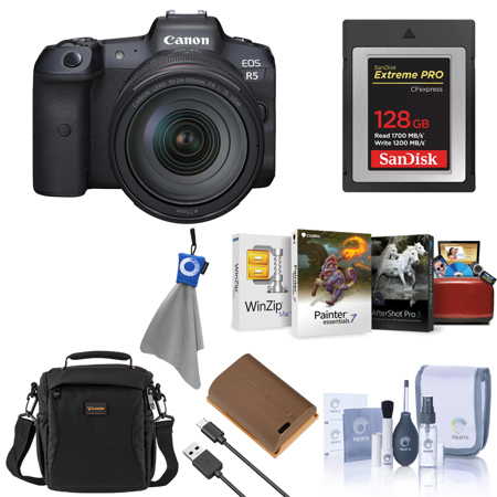 Canon EOS R5 Mirrorless Camera with RF 24-105mm f/4 L IS USM Lens, Bundle with 128GB Memory Card, Shoulder Bag, LP-E6NH Battery, Smart Charger, Smart Charger Plate, PC and Mac Software Kit