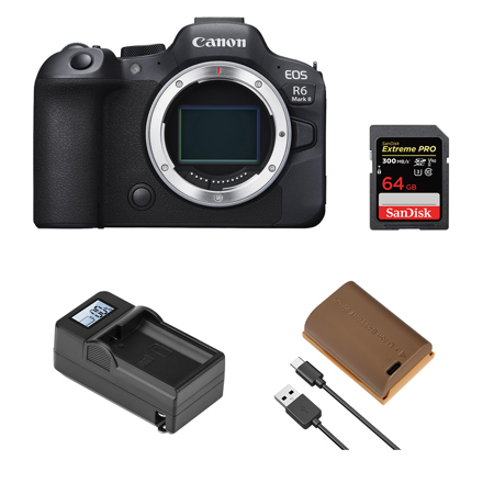 Canon EOS R6 Mark II Mirrorless Camera with Stop Motion Animation Firmware, Black, Bundle with 64GB Memory Card, Battery, Charger Base and Charger Plate
