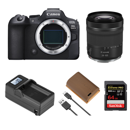 Canon EOS R6 Mark II Mirrorless Camera with Stop Motion Animation Firmware, Black, Bundle with RF 24-105mm f/4-7.1 IS STM Lens, 64GB Memory Card, Battery, Charger Base and Charger Plate