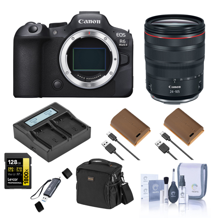 Canon EOS R6 Mark II Mirrorless Camera with Stop Motion Animation Firmware, Black, Bundle with RF 24-105mm f/4 L IS USM Lens, 128GB Memory Card, Card Reader, 77mm Filter Kit, 2x Battery, Charger Base and 2x Charger Plate