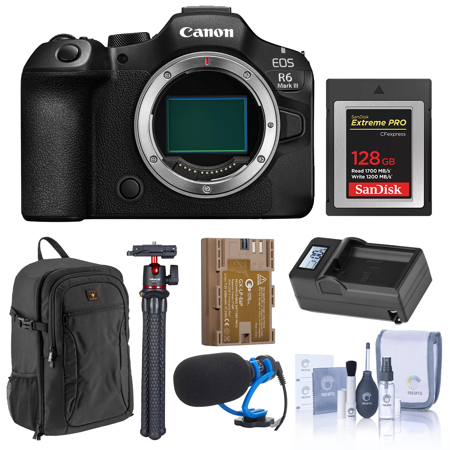 Canon EOS R6 Mark III Mirrorless Camera, Black, Bundle with 128GB CFexpress Type-B Card, Backpack, Microphone, Tripod, Battery Pack, Charger Base