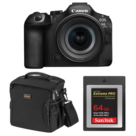 Canon EOS R6 Mark III Mirrorless Camera with RF 24-105mm f/4-7.1 IS STM Lens, Black, Bundle with 64GB CFexpress Type-B Card, Shoulder Bag