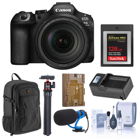 Canon EOS R6 Mark III Mirrorless Camera with RF 24-105mm f/4 L IS USM Lens, Black, Bundle with 128GB CFexpress Card, Backpack, Microphone, Tripod, Extra Battery