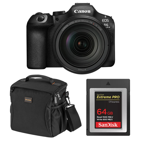 Canon EOS R6 Mark III Mirrorless Camera with RF 24-105mm f/4 L IS USM Lens, Black, Bundle with 64GB CFexpress Type-B Card, Shoulder Bag