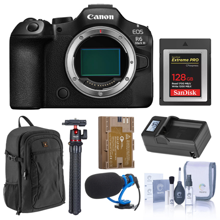 Canon EOS R6 Mark III Mirrorless Camera with Stop Motion Animation Firmware, Black, Bundle with 128GB CFexpress Card, Backpack, Microphone, Tripod, Extra Battery