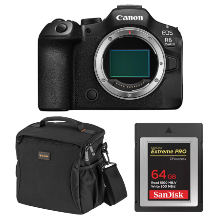 Canon EOS R6 Mark III Mirrorless Camera with Stop Motion Animation Firmware, Black, Bundle with 64GB CFexpress Type-B Card, Shoulder Bag