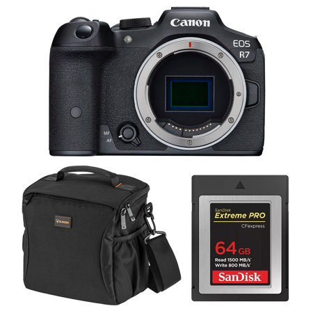 Canon EOS R7 Mirrorless Camera with Cropping Guide Firmware, Black, Bundle with 64GB Memory Card, Shoulder Bag