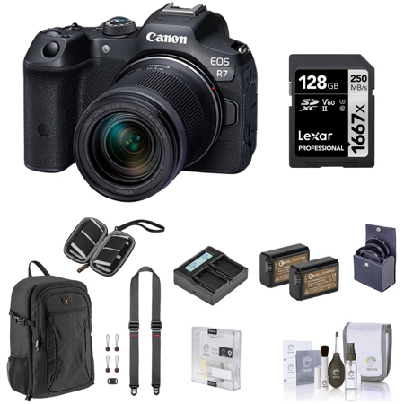 Canon EOS R7 Mirrorless Camera with RF-S 18-150mm f/3.5-6.3 Lens, Bundle w/55mm Filter Kit, 128GB SD Card & Wallet, 2x Battery, Dual Charger, Strap, Screen Protector & Cleaning Kit