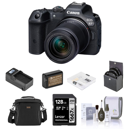 Canon EOS R7 Mirrorless Camera with RF-S 18-150mm f/3.5-6.3 Lens, Bundle w/Extra Battery, Smart Charger, 128GB Memory Card, Shoulder Bag, 55mm Filter Kit, Screen Protector & Cleaning Kit
