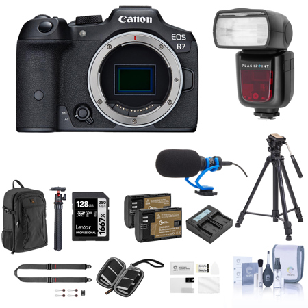 Canon EOS R7 Camera, Bundle with R2 Flash, 128GB Memory Card and Wallet, Extra Battery, TASC300 Microphone, Takama Video Tripod, Ulanzi MT-11 Tripod, Backpack, Strap, Dual Charger, Screen Protector