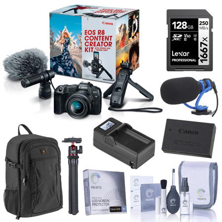 Canon EOS R8 Content Creator Kit, Bundle with 1667x 128GB Memory Card, LP-E17 Battery, Charger Kit, TASC300 Mic, MT-11 Tripod, Screen Protector Kit, Cleaning Kit, Alpine 200 Backpack