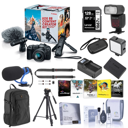 Canon EOS R8 Content Creator Kit, Bundle with Zoom Li-on R2 Speedlight, 128GB Memory Card, PC Software Kit, Battery, Charger Kit, Tripod, TASC300 Mic, W49 Light, Cleaning Kit, Backpack