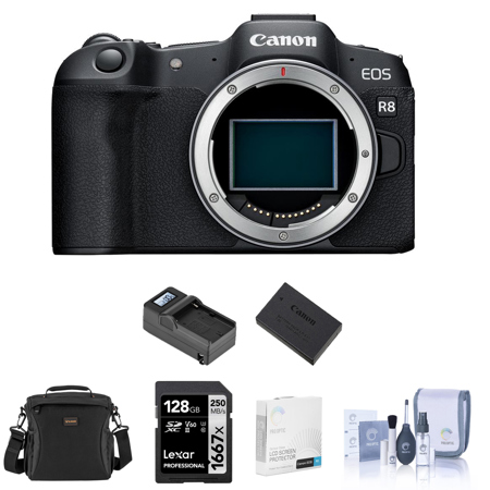 Canon EOS R8 Mirrorless Camera Bundle with Extra Battery, 128GB SD Card, Shoulder Bag, Charger, Screen Protector, Cleaning Kit