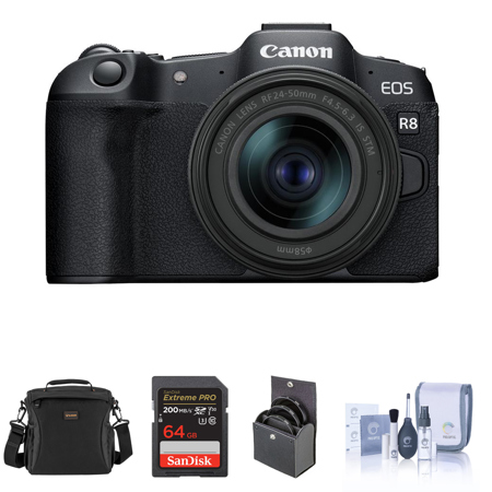 Canon EOS R8 Mirrorless Camera with RF 24-50mm f/4.5-6.3 IS STM Lens, 64GB SD Card, Shoulder Bag, 58mm Filter Kit, Cleaning Kit