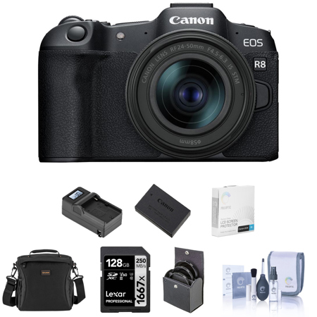 Canon EOS R8 Mirrorless Camera with RF 24-50mm f/4.5-6.3 IS STM Lens, Extra Battery, 128GB SD Card, Shoulder Bag, Charger, Screen Protector, 58mm Filter Kit, Cleaning Kit