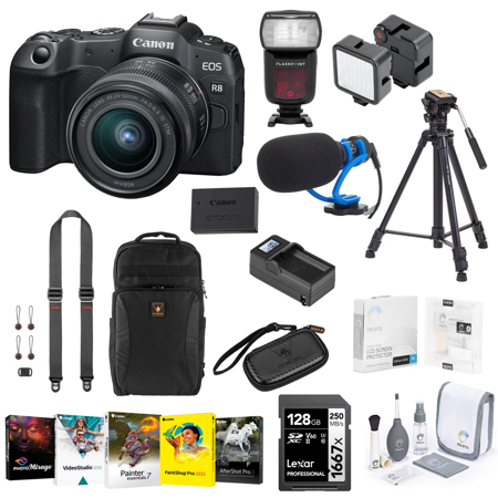 Canon EOS R8 Mirrorless Camera with RF 24-50mm f/4.5-6.3 IS STM Lens, Bundle with Speedlight, 128GB Memory Card, Battery, Tripod and Shotgun Microphone