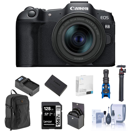 Canon EOS R8 Mirrorless Camera with RF 24-50mm f/4.5-6.3 IS STM Lens, 128GB SD Card, Backpack, Extra Battery, Charger, Microphone, Tripod, Screen Protector, 58mm Filter Kit, Cleaning Kit