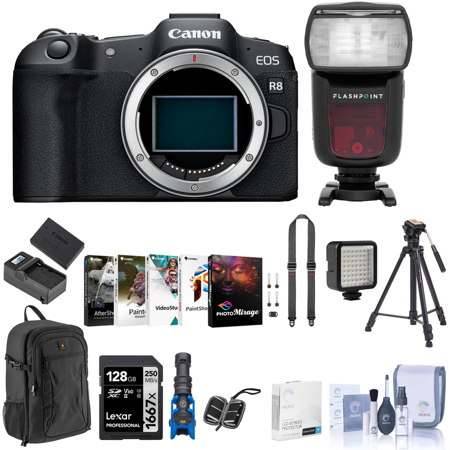 Canon EOS R8 Mirrorless Camera Bundle with Speedlight, 128GB SD Card, Backpack, Corel PC Software Kit, Extra Battery, Charger, Aluminum Tripod, Strap, Shotgun Mic, and Accessories