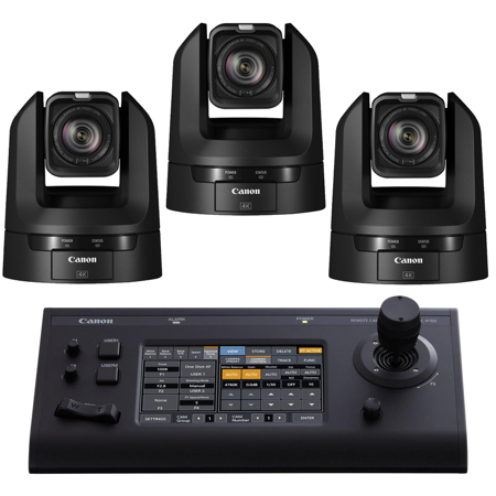 Canon CR-N100 21.14MP 4K UHD 20x PTZ Camera, Black, 3-Pack w/RC-IP100 Controller