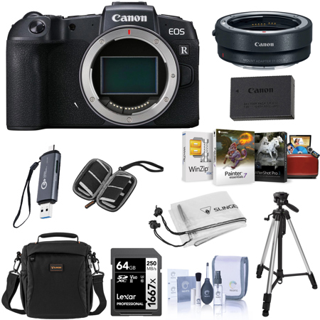 Canon EOS RP Mirrorless Camera, Black Bundle with 64GB UHS-II SDXC Memory Card, Tripod, Card Reader, Battery, Charger Base, Software Kit