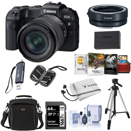 Canon EOS RP Mirrorless Camera with RF 24-105mm f/4-7.1 IS STM Lens, Black Bundle with 64GB Memory Card, Tripod, Card Reader, Battery, Charger Base, Software Kit