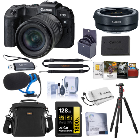 Canon EOS RP Mirrorless Camera with RF 24-105mm f/4-7.1 IS STM Lens, Black, Bundle with 128GB UHS-II SDXC Memory Card, Tripod/Monopod, Microphone, Card Reader, Battery, Charger Base, Software Kit