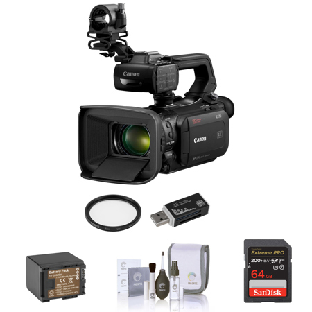 Canon XA75 4K Ultra HD 1" Sensor  Compact Professional 15x Zoom Camcorder Bundle with 64GB SD Card, Extra Battery, 58mm Multi Coated UV Slim Filter, Cleaning Kit, Card Reader