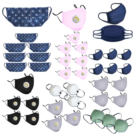 Capturing Couture 8x Reusable 2-Layer Cotton Face Mask, Bundle with 21x Navy Blue Face Mask, 16x Pink/Black and Gray Kids Face Mask, 4x Gray Face Mask and 15x White/Mint Face Mask