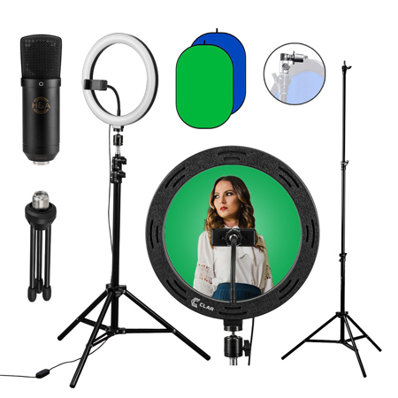 CLAR 10" LED Selfie Ring Light Kit w/Mic, Background, Backdrop & Clip and Stand