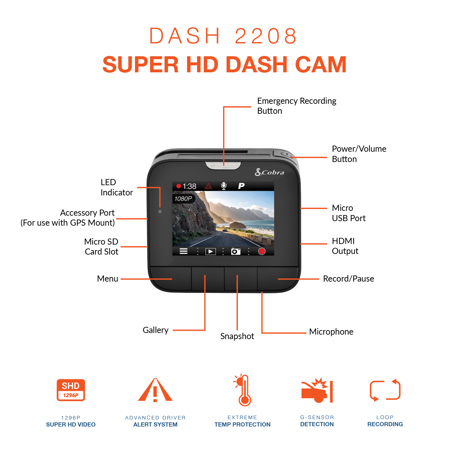 Cobra Dash 2208 Drive HD 1296p Super HD Single Channel Dash Cam System