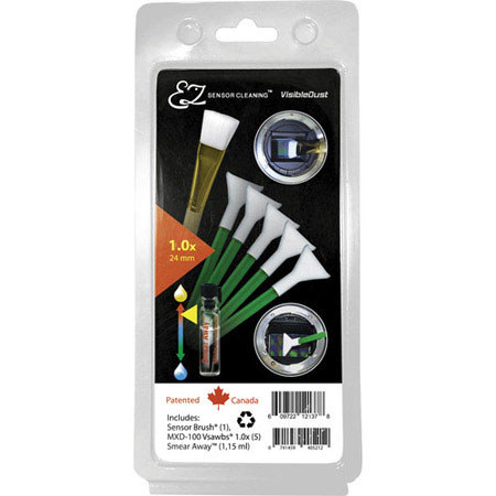 Visible Dust EZ Sensor Cleaning Kit PLUS with 1.15ml Smear Away, 5 Green 1.0x Vswabs, Sensor Brush