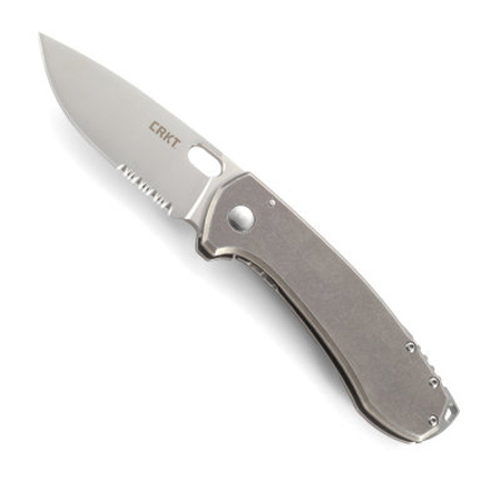 CRKT Amicus Folding Knife, 3.4" Combo Edge, Drop Point Stonewash Finish Blade