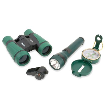 Carson 30mm Weather Resistant Roof Prism Binocular AdventurePak, Kid's Outdoor Adventure Set, 8.2 Degree Angle of View, Green