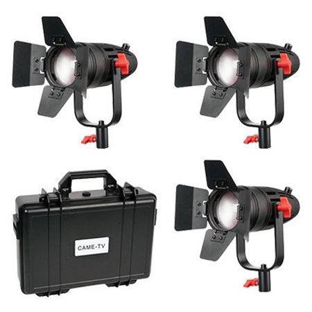 Came-TV Boltzen B-30 Fresnel 30W Fanless Focusable LED Daylight 3-Light Kit, Includes 3x Removable Barndoors, 3x Power Adapter, 3x D-Tap Cable & Hard Carrying Case