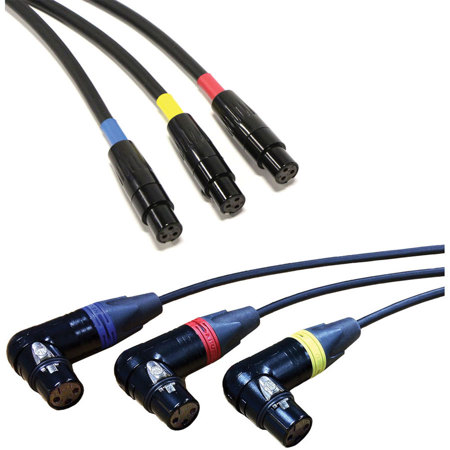Cable Techniques 18" XLR-3F Right Angle to TA3F Balanced UCR Receiver Cables, Set of 3, Red, Blue, Yellow XLR Ring