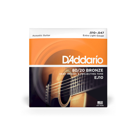 D'Addario 80/20 Bronze Acoustic Guitar Strings, Set of 6 Strings Extra Light .010-.047