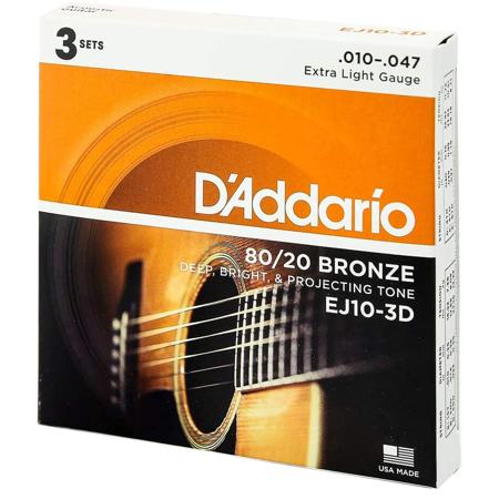 D'Addario EJ10 80/20 Bronze Acoustic Guitar Strings Set, Extra Light, 10-47 Gauge, 3-Pack