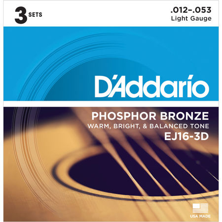 D'Addario EJ16 Phosphor Bronze Acoustic Guitar Strings Set, Regular Light, 12-53 Gauge, 3-Pack