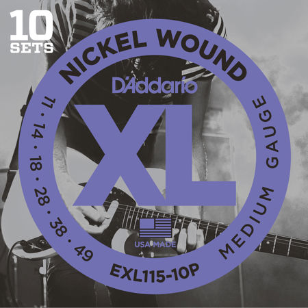 D'Addario EXL115 XL Nickel Wound Electric Guitar Strings Set, Medium/Blues Jazz Rock, 11-49 Gauge, 10-Pack