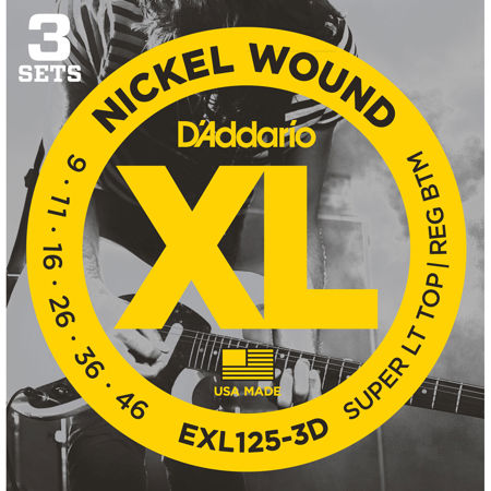 D'Addario EXL125 XL Nickel Wound Electric Guitar Strings Set, Super Light Top/Bottom Regular, 09-46 Gauge, 3-Pack
